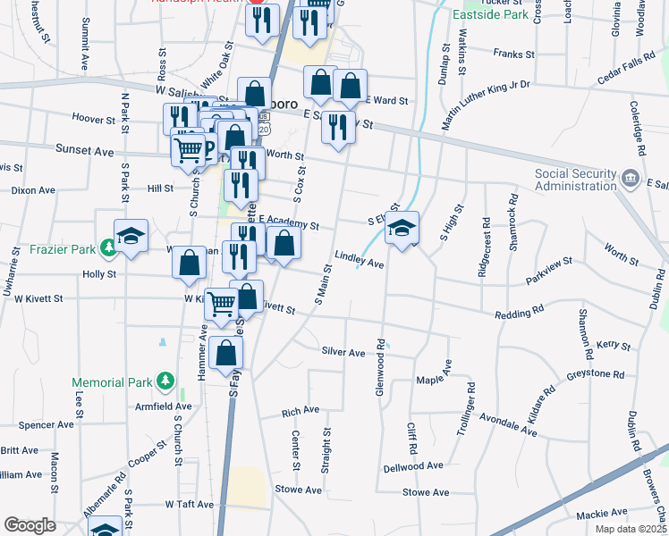 map of restaurants, bars, coffee shops, grocery stores, and more near 413 South Main Street in Asheboro