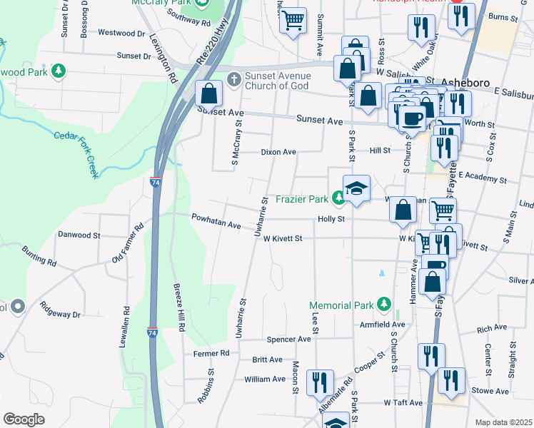 map of restaurants, bars, coffee shops, grocery stores, and more near 736 Holly St in Asheboro