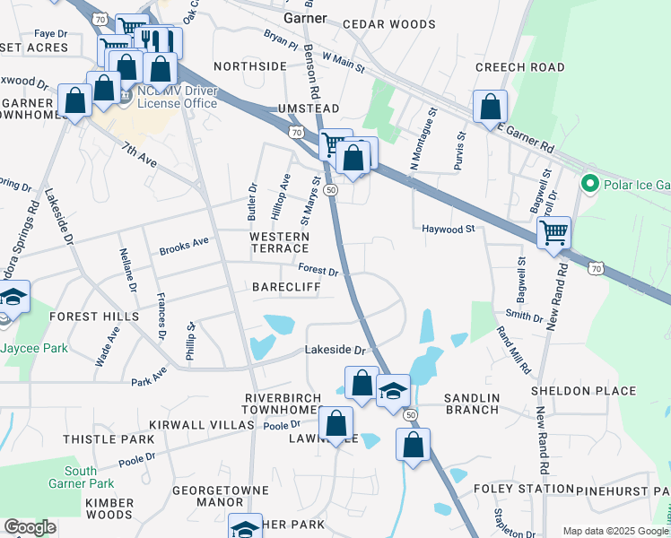 map of restaurants, bars, coffee shops, grocery stores, and more near 201 Lakeside Drive in Garner