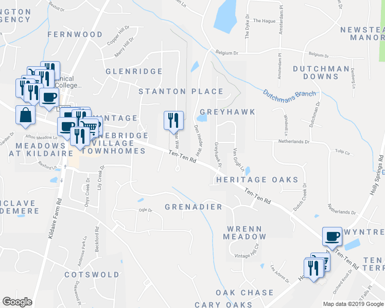 map of restaurants, bars, coffee shops, grocery stores, and more near 415 Felspar Way in Cary