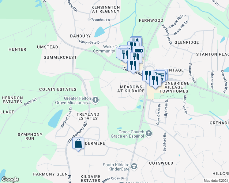 map of restaurants, bars, coffee shops, grocery stores, and more near 3621 Lily Orchard Way in Apex