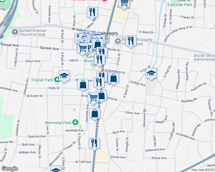 map of restaurants, bars, coffee shops, grocery stores, and more near 402 South Cox Street in Asheboro