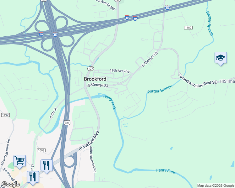 map of restaurants, bars, coffee shops, grocery stores, and more near 2202 22nd Avenue Court Southeast in Hickory