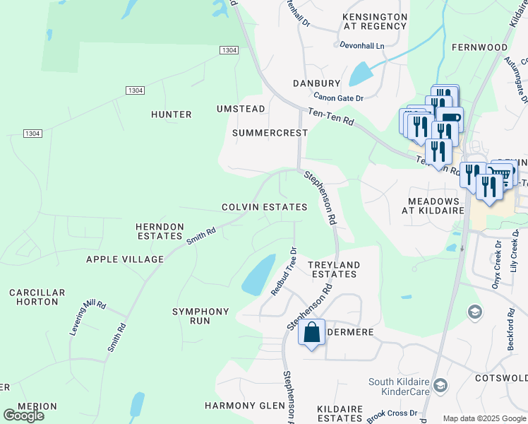 map of restaurants, bars, coffee shops, grocery stores, and more near Newleaf Drive in Apex