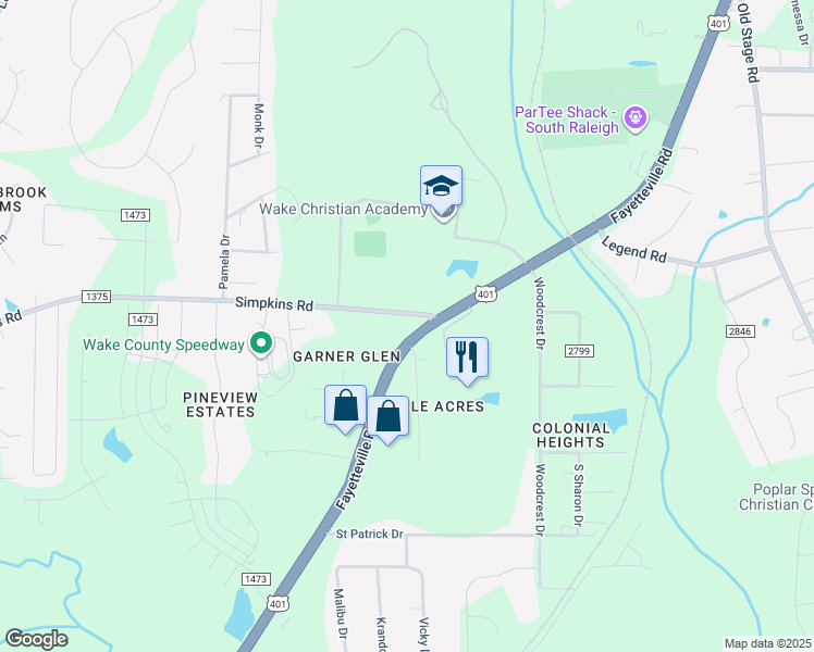 map of restaurants, bars, coffee shops, grocery stores, and more near 5726 Fayetteville Road in Raleigh