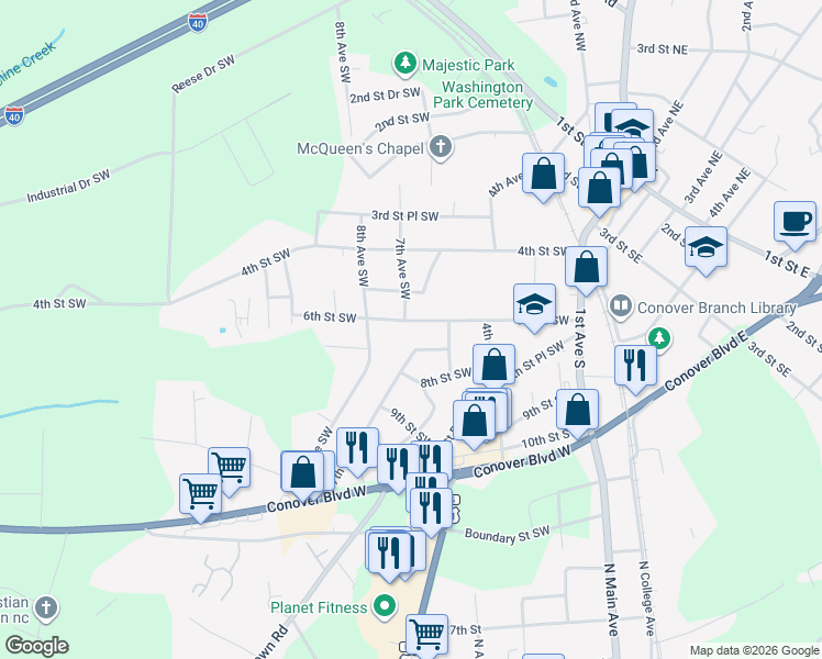 map of restaurants, bars, coffee shops, grocery stores, and more near 517 6th Street Southwest in Conover