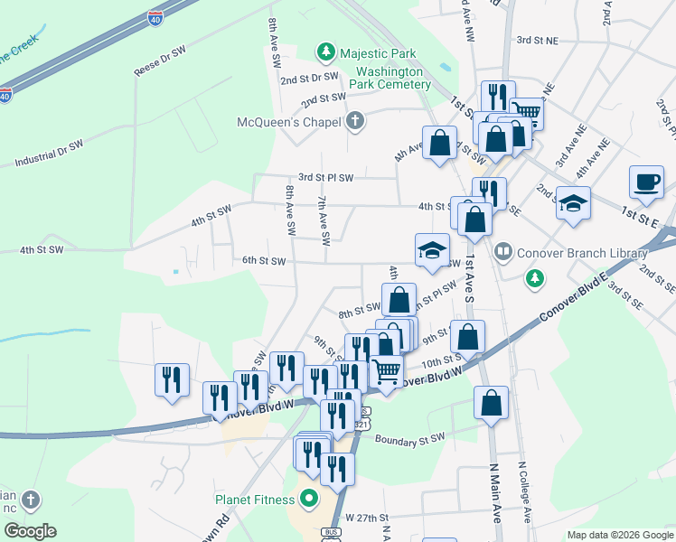 map of restaurants, bars, coffee shops, grocery stores, and more near 517 6th Street Southwest in Conover