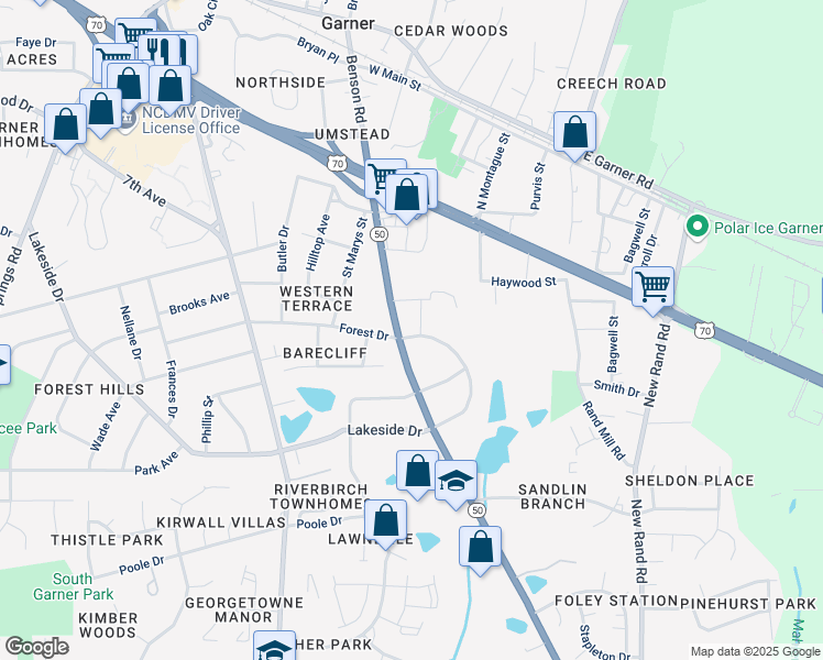 map of restaurants, bars, coffee shops, grocery stores, and more near 201 Lakeside Drive in Garner