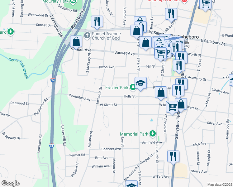 map of restaurants, bars, coffee shops, grocery stores, and more near 702 Holly Street in Asheboro