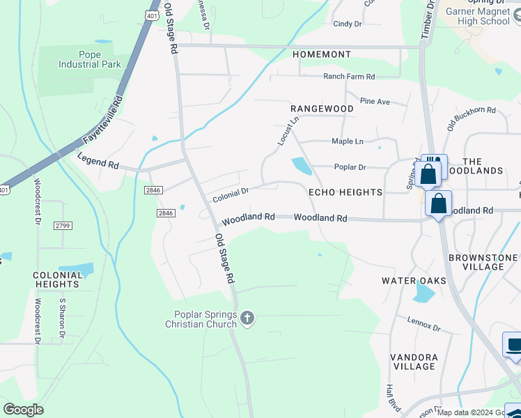 map of restaurants, bars, coffee shops, grocery stores, and more near 738 Woodland Road in Raleigh