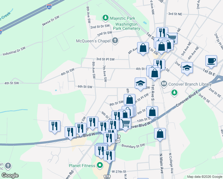 map of restaurants, bars, coffee shops, grocery stores, and more near 517 6th Street Southwest in Newton