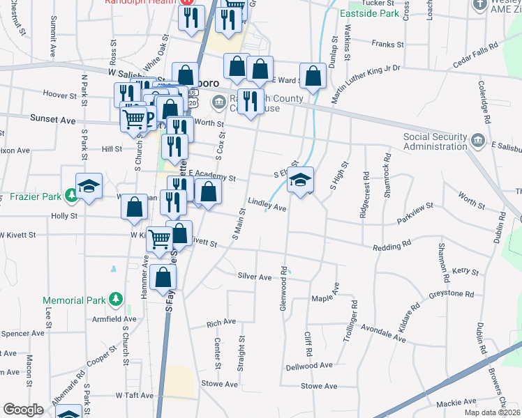 map of restaurants, bars, coffee shops, grocery stores, and more near 342 Lindley Avenue in Asheboro