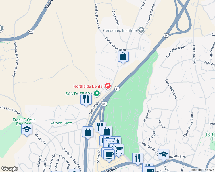 map of restaurants, bars, coffee shops, grocery stores, and more near 709 Viento Drive in Santa Fe
