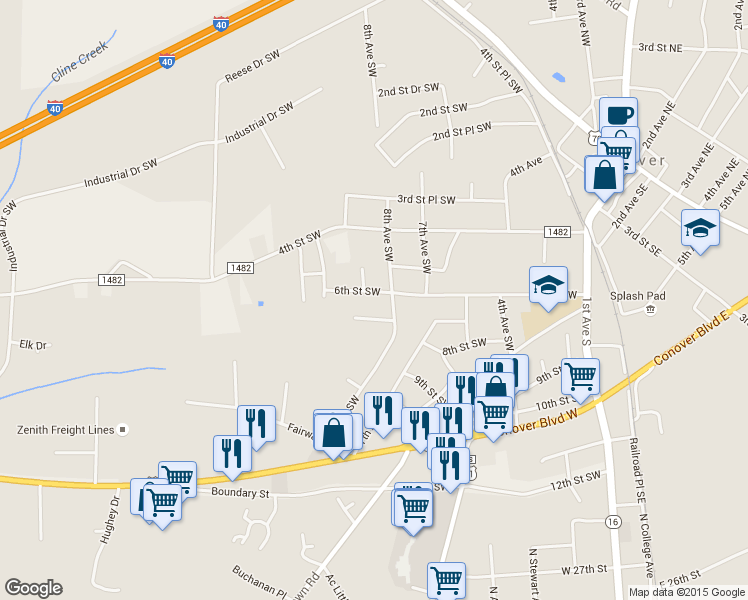 map of restaurants, bars, coffee shops, grocery stores, and more near 803 6th St SW in Conover