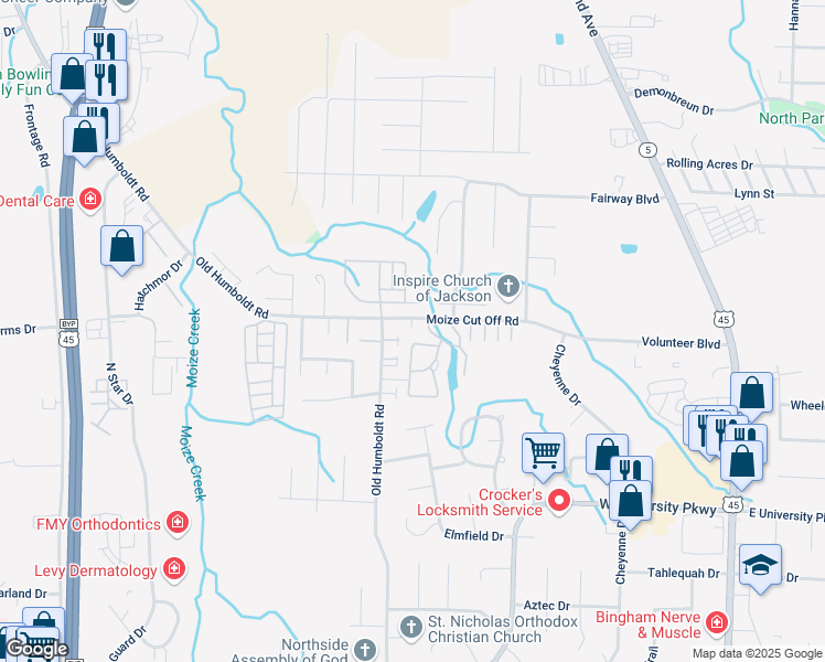 map of restaurants, bars, coffee shops, grocery stores, and more near 324 Moize Cut Off Road in Jackson