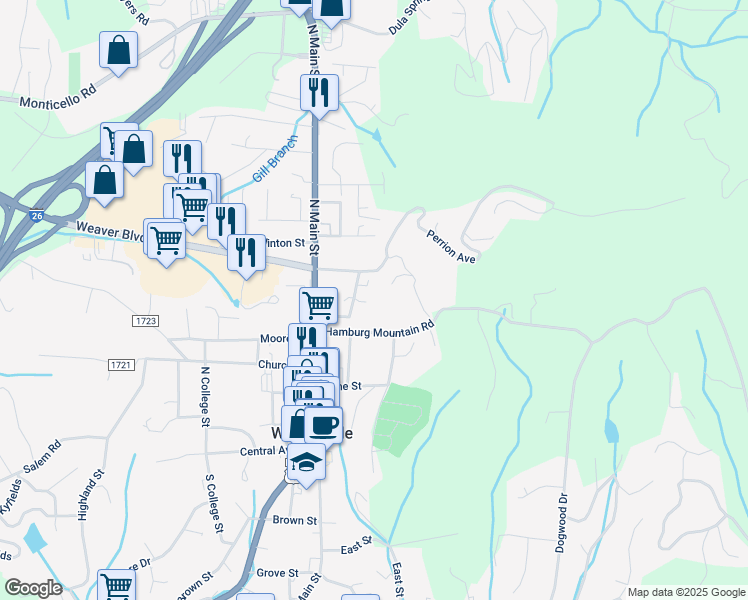 map of restaurants, bars, coffee shops, grocery stores, and more near Hamburg Drive in Weaverville