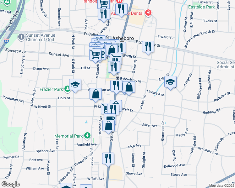 map of restaurants, bars, coffee shops, grocery stores, and more near 428 South Fayetteville Street in Asheboro