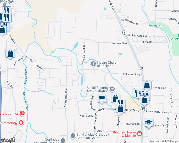 map of restaurants, bars, coffee shops, grocery stores, and more near 262 Moize Cut Off Road in Jackson