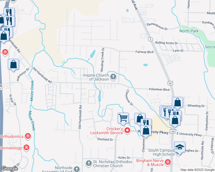 map of restaurants, bars, coffee shops, grocery stores, and more near 262 Moize Cut Off Road in Jackson