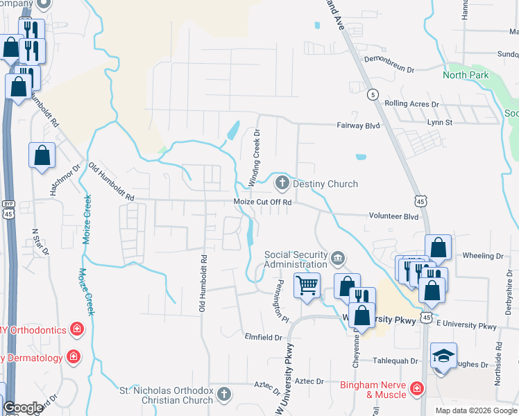 map of restaurants, bars, coffee shops, grocery stores, and more near 280 Moize Cut Off Road in Jackson