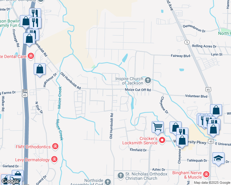 map of restaurants, bars, coffee shops, grocery stores, and more near 654 Old Humboldt Road in Jackson