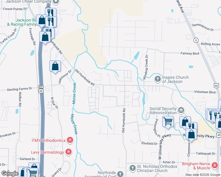 map of restaurants, bars, coffee shops, grocery stores, and more near 22 Carlton Place in Jackson