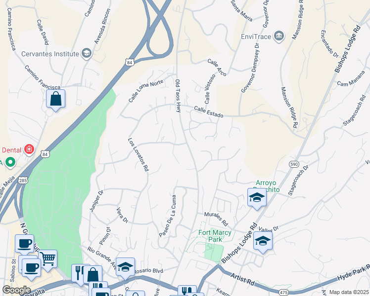 map of restaurants, bars, coffee shops, grocery stores, and more near 292 Los Arboles Drive in Santa Fe