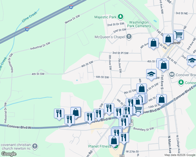 map of restaurants, bars, coffee shops, grocery stores, and more near 903 6th St SW in Conover