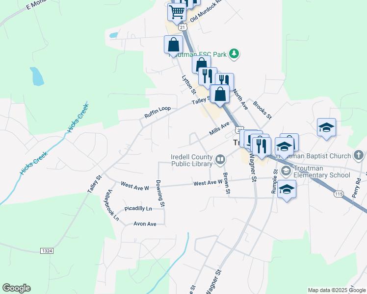 map of restaurants, bars, coffee shops, grocery stores, and more near 339 Mills Avenue in Troutman