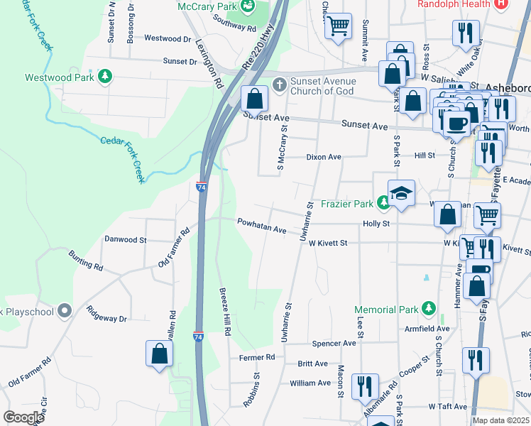 map of restaurants, bars, coffee shops, grocery stores, and more near 520S North McCrary Street in Asheboro