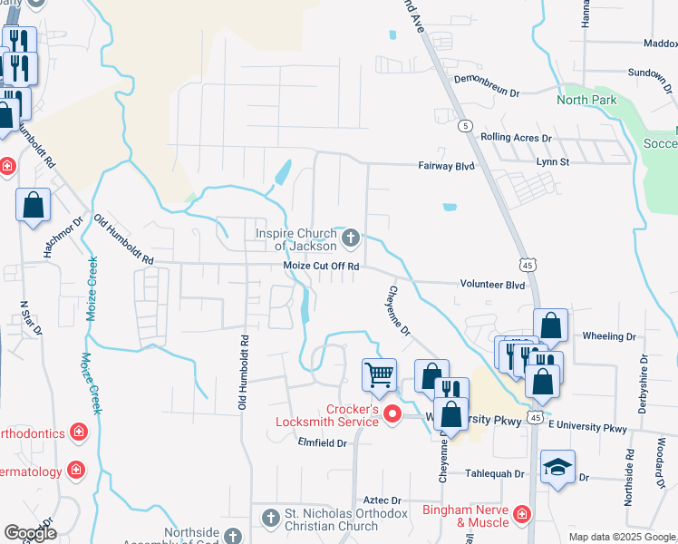 map of restaurants, bars, coffee shops, grocery stores, and more near 262 Moize Cut Off Road in Jackson
