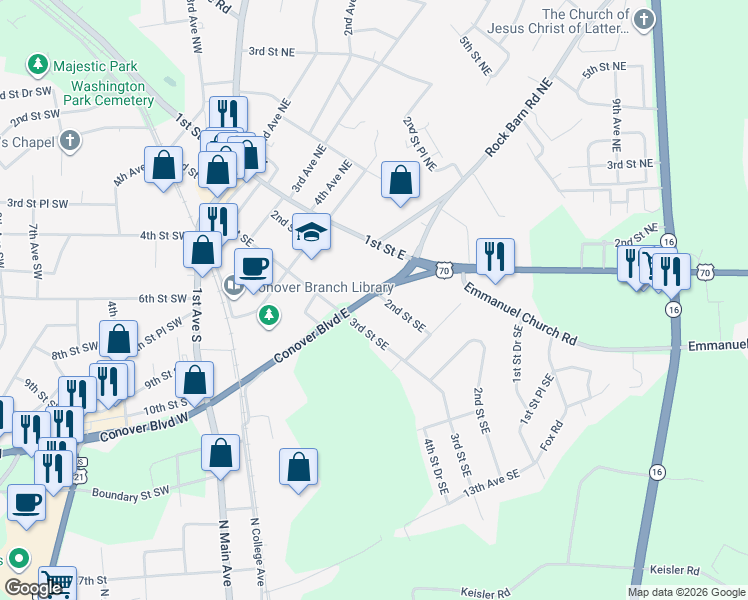 map of restaurants, bars, coffee shops, grocery stores, and more near 352 Conover Boulevard East in Conover