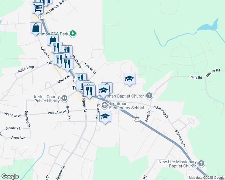 map of restaurants, bars, coffee shops, grocery stores, and more near 126 Meadows Park Loop in Troutman