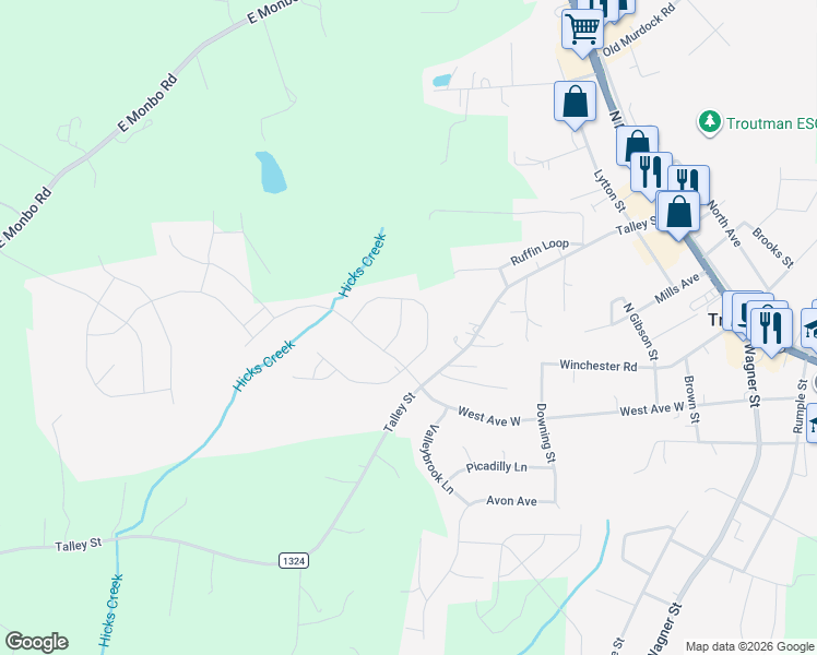 map of restaurants, bars, coffee shops, grocery stores, and more near 396 Talley Street in Troutman