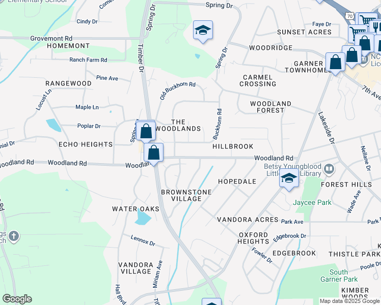 map of restaurants, bars, coffee shops, grocery stores, and more near 1722 Woodland Road in Garner