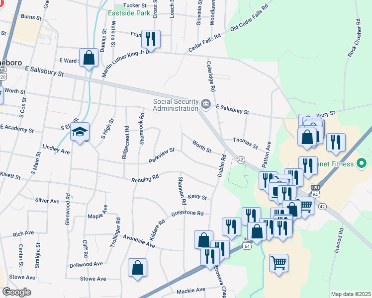 map of restaurants, bars, coffee shops, grocery stores, and more near 919 Parkview Street in Asheboro