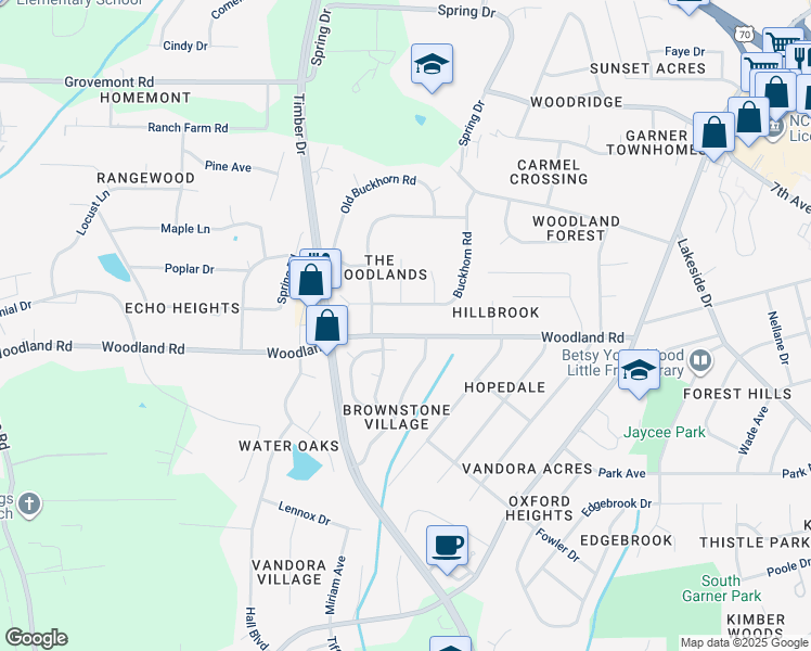 map of restaurants, bars, coffee shops, grocery stores, and more near 1722 Woodland Road in Garner