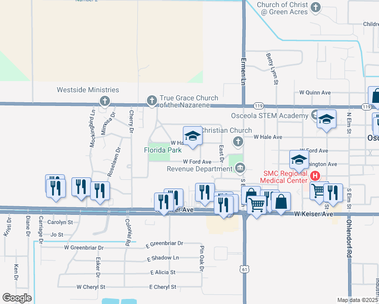 map of restaurants, bars, coffee shops, grocery stores, and more near 138 South Franklin Street in Osceola