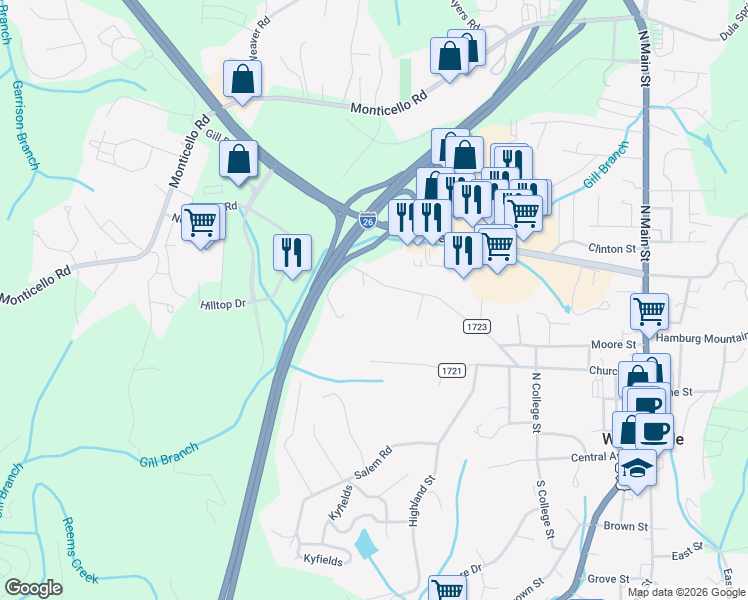 map of restaurants, bars, coffee shops, grocery stores, and more near 72 Northcrest Road in Weaverville