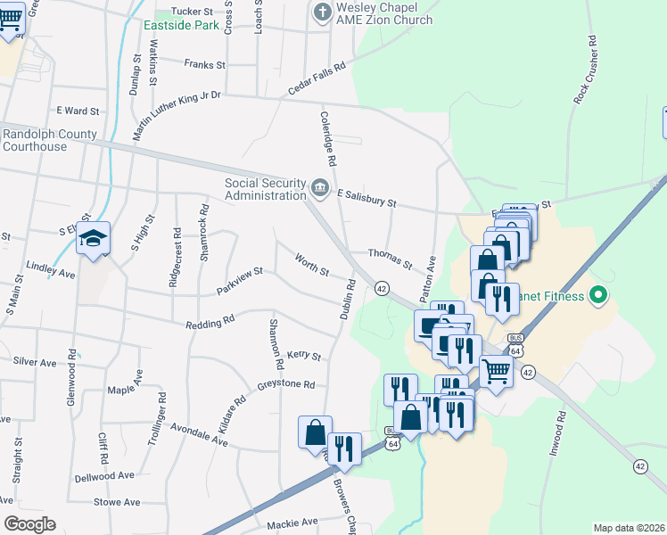 map of restaurants, bars, coffee shops, grocery stores, and more near 1040 Worth Street in Asheboro