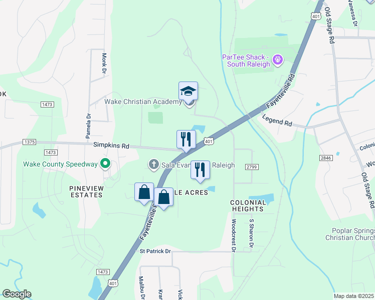 map of restaurants, bars, coffee shops, grocery stores, and more near 1910 Simpkins Road in Raleigh