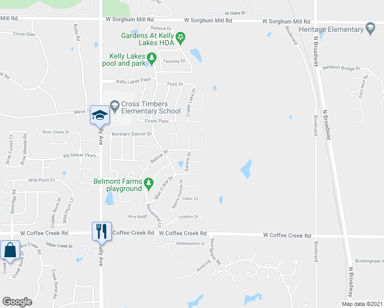 map of restaurants, bars, coffee shops, grocery stores, and more near 624 Belmar Drive in Edmond
