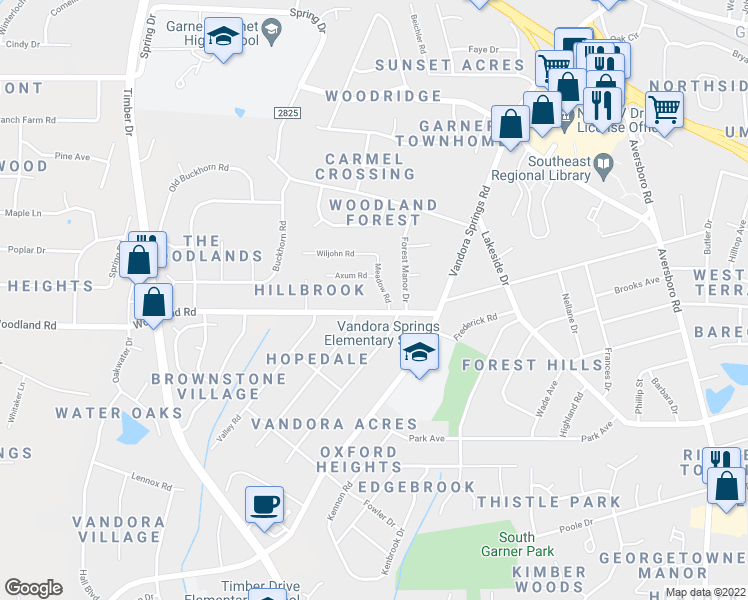 map of restaurants, bars, coffee shops, grocery stores, and more near 1301 Kelly Road in Garner