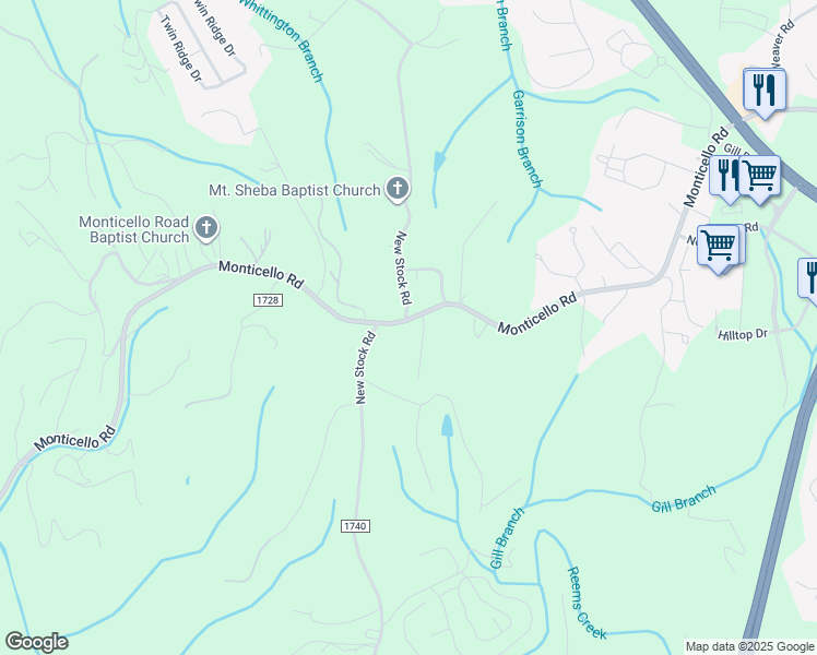 map of restaurants, bars, coffee shops, grocery stores, and more near 220 Monticello Road in Weaverville