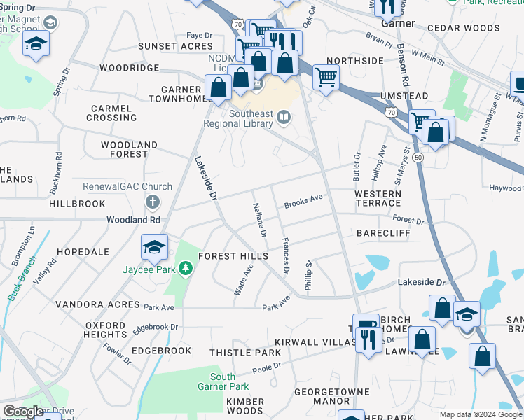 map of restaurants, bars, coffee shops, grocery stores, and more near 607 Nellane Drive in Garner