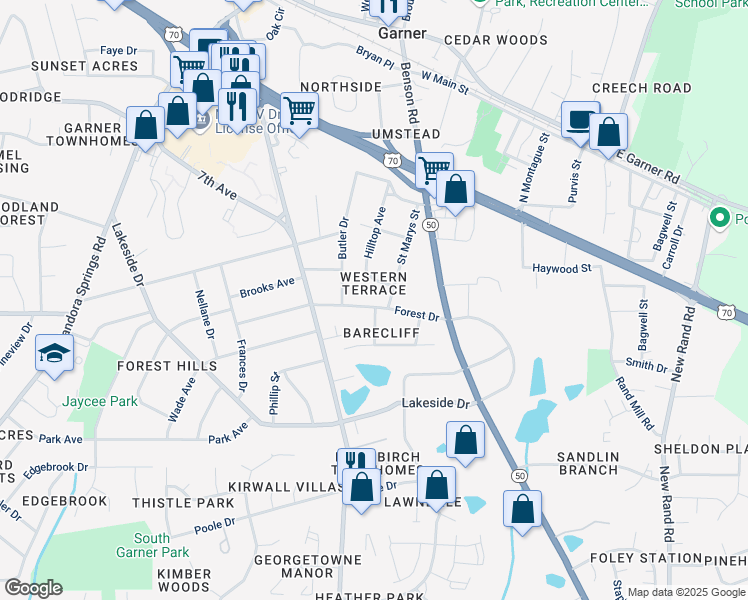 map of restaurants, bars, coffee shops, grocery stores, and more near 609 Forest Drive in Garner