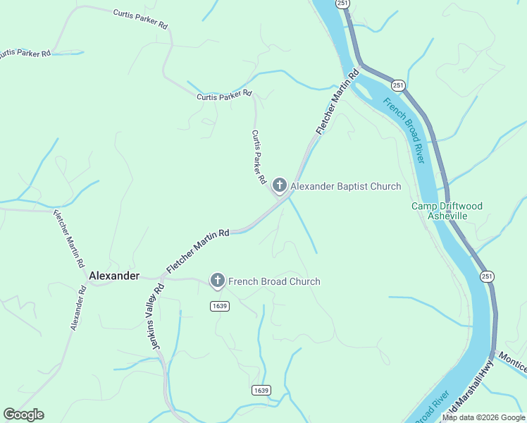 map of restaurants, bars, coffee shops, grocery stores, and more near 205 Fletcher Martin Road in Alexander