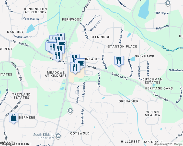 map of restaurants, bars, coffee shops, grocery stores, and more near 3611 Stonebend Loop in Cary
