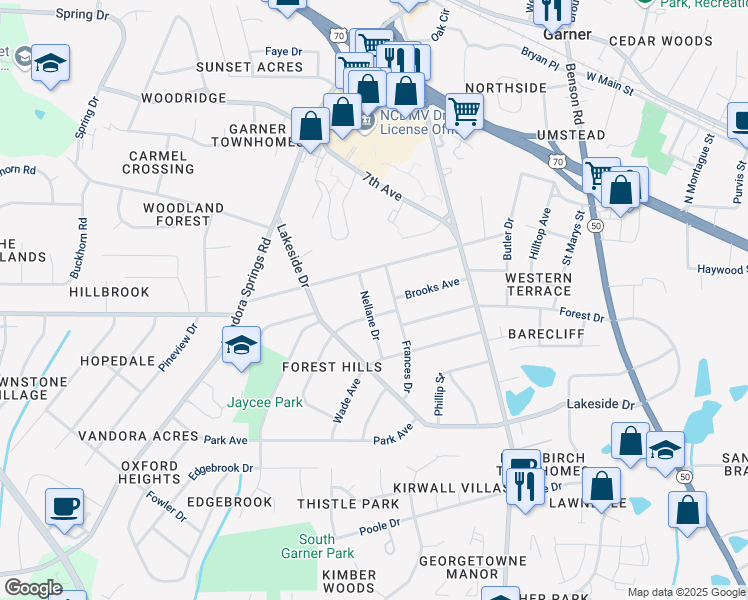 map of restaurants, bars, coffee shops, grocery stores, and more near 607 Nellane Drive in Garner