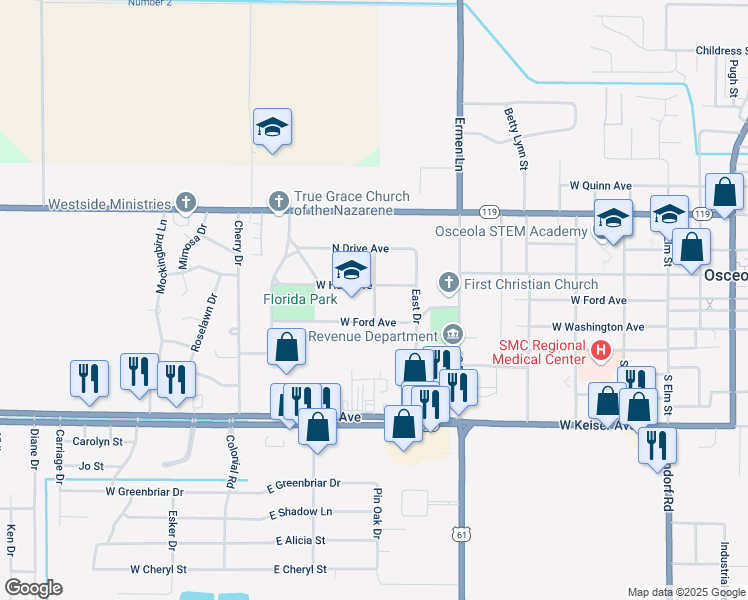 map of restaurants, bars, coffee shops, grocery stores, and more near 138 South Franklin Street in Osceola